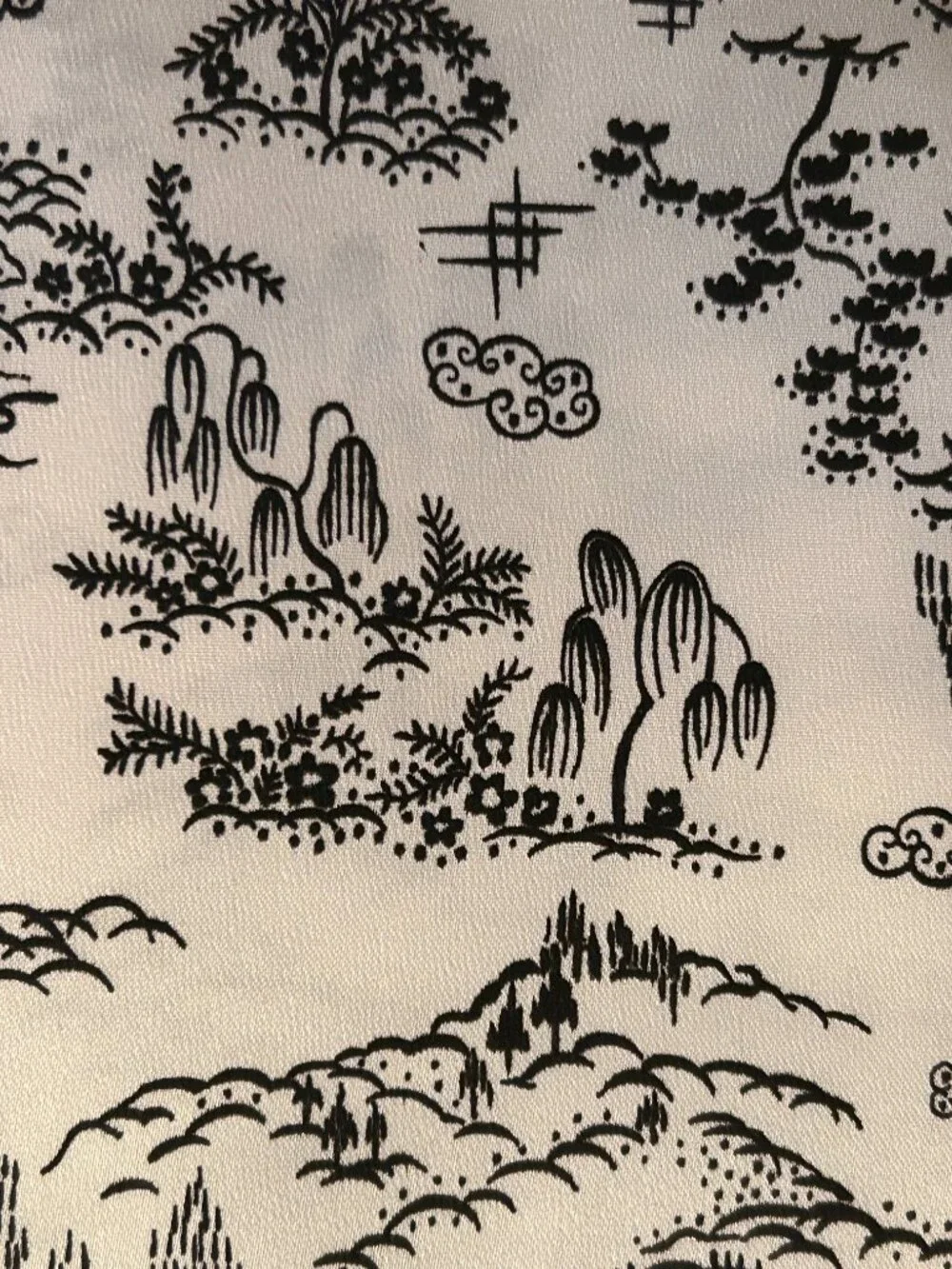 Vintage Toile Asian Scenes Satin Black & White Fabric LONG PIECE 44 x 275 inch